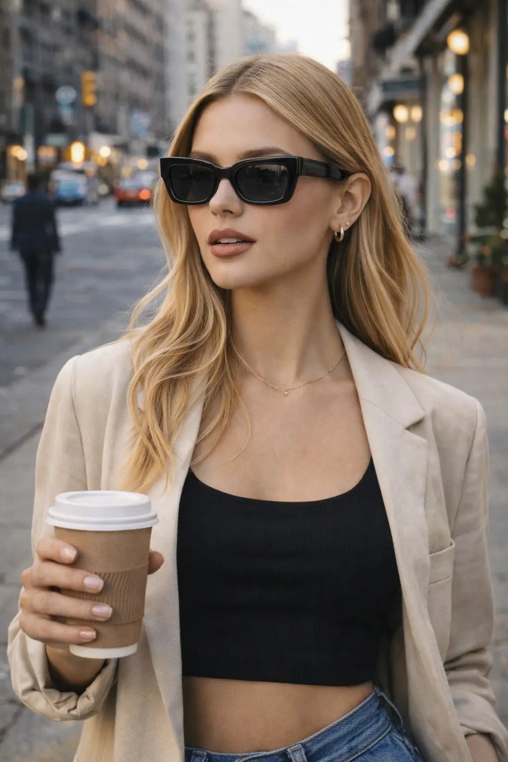 Model wearing Betty’s Retro Shades Cora sunglasses in black