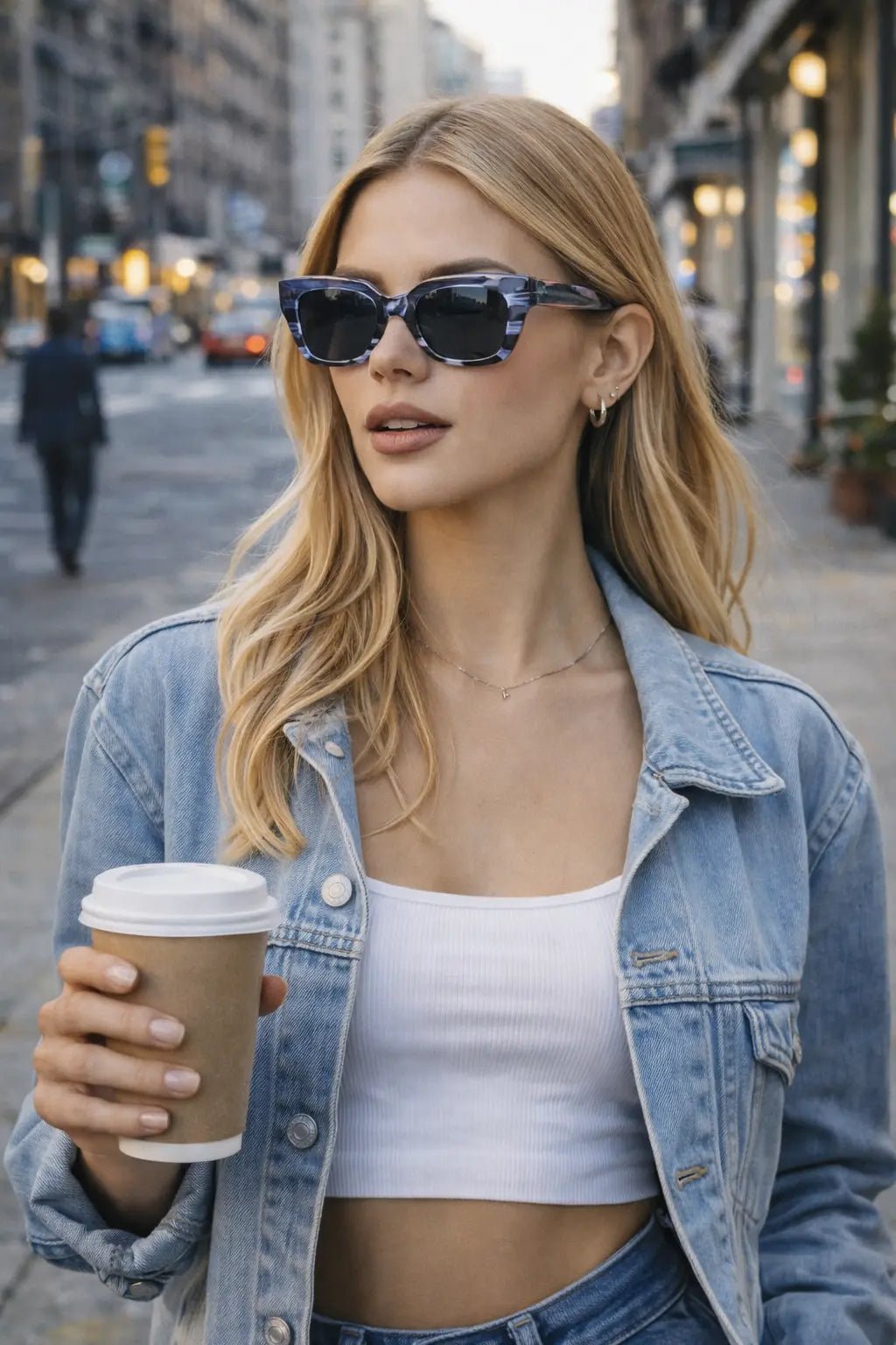 Model wearing Betty’s Retro Shades Cora sunglasses in marbled blue
