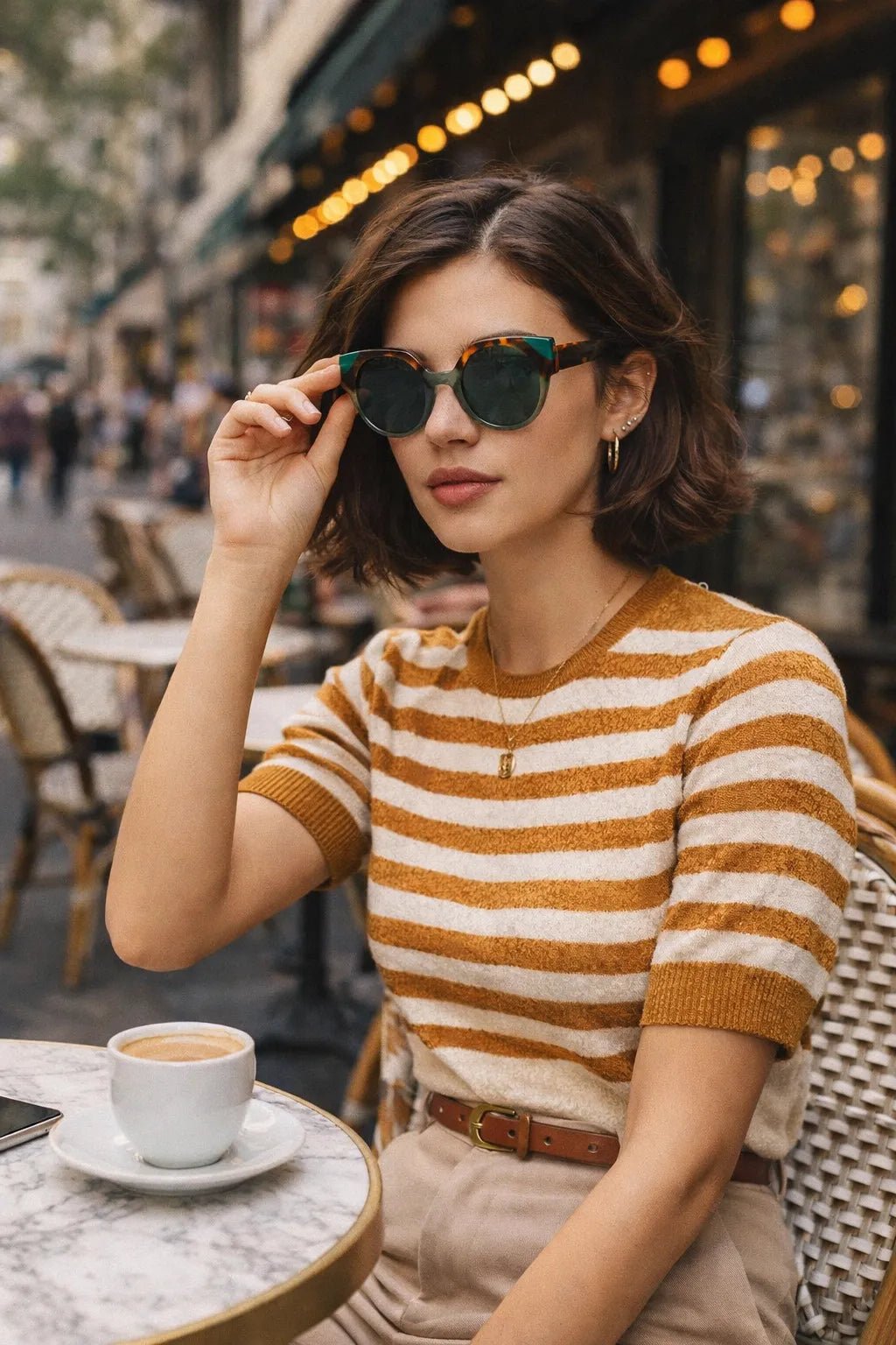 Model wearing Betty’s Retro Shades Joyce sunglasses in marbled green