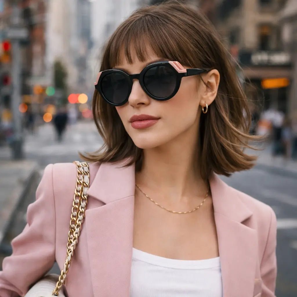 Model wearing Betty’s Retro Shades Judith sunglasses in marbled black