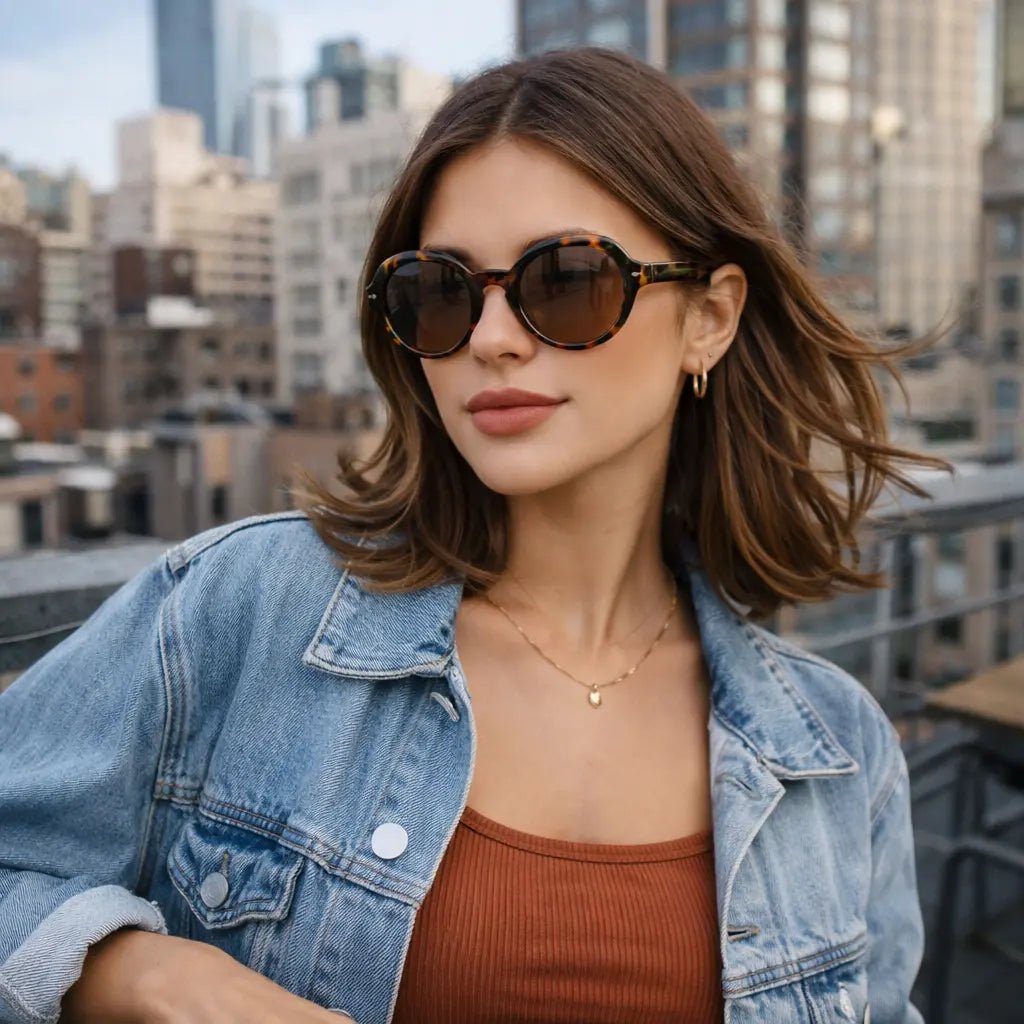 Model wearing Betty’s Retro Shades Judith sunglasses in tortoiseshell