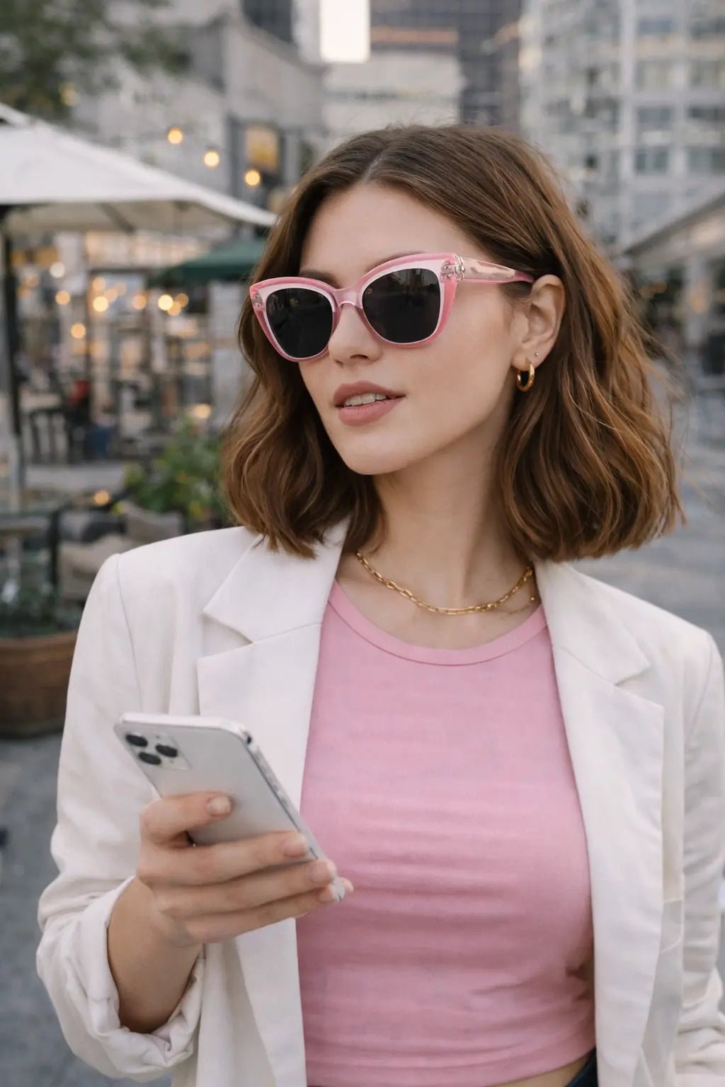 Model wearing Betty’s Retro Shades Kitty sunglasses in marbled pink