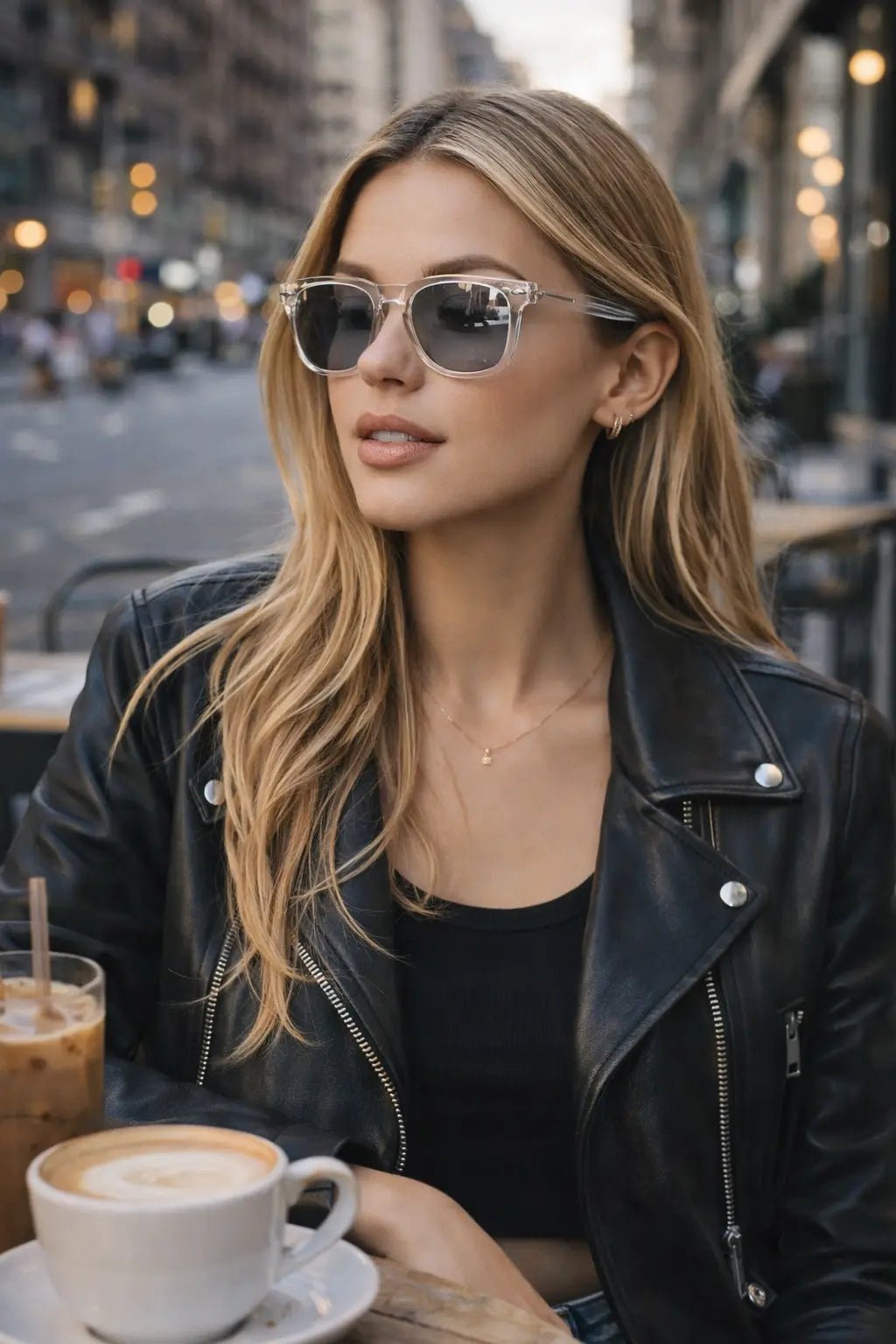 Model wearing Betty’s Retro Shades Lana sunglasses in clear grey