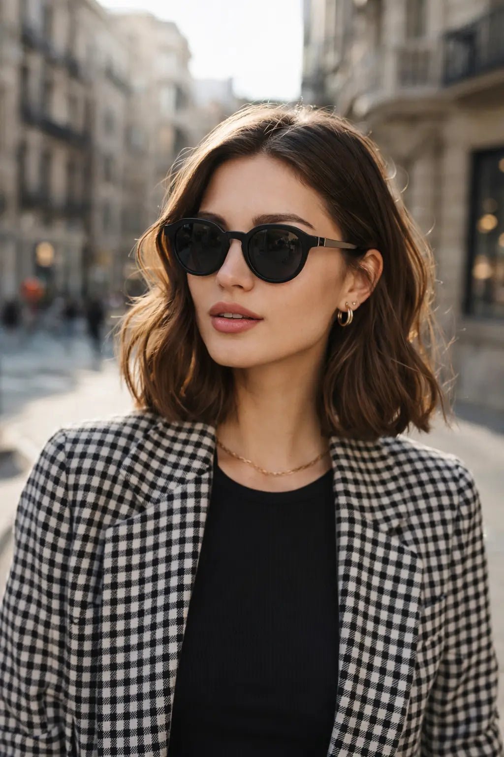 Model wearing Betty’s Retro Shades Opal sunglasses in black
