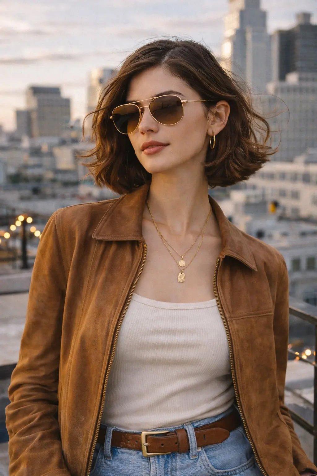 Model wearing Betty’s Retro Shades Renee sunglasses in gold