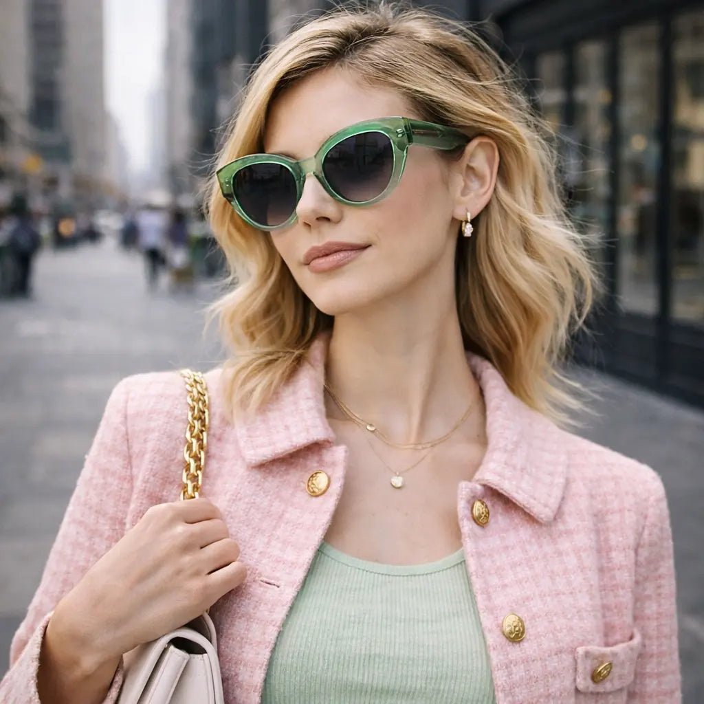 Model wearing Betty’s Retro Shades Shirley sunglasses in clear green